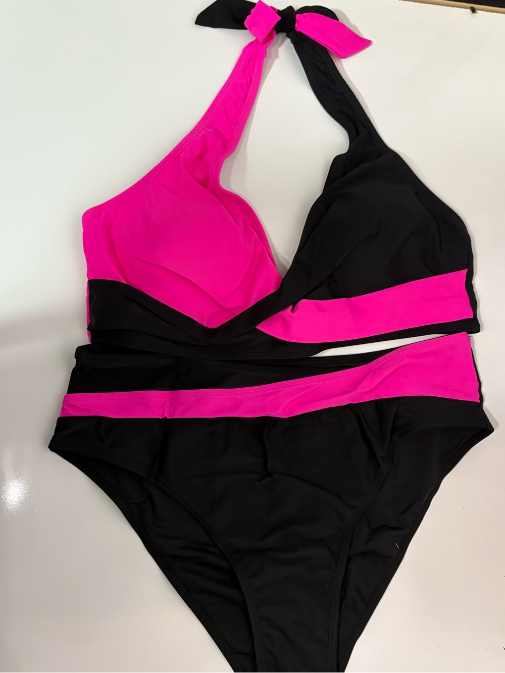 Women’s Two-Piece Halter Swim Set in Black and Hot Pink